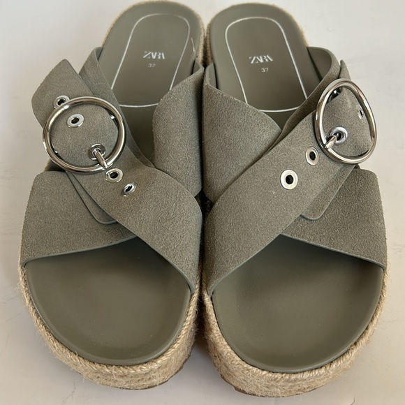Zara espadrille platform sandal slide silver buckle sage gray green suede - Picture 13 of 16